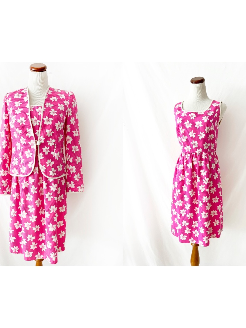 Vintage William Pearson Dress Set: Quilted Pink Floral Dress and Blazer, Size 8
